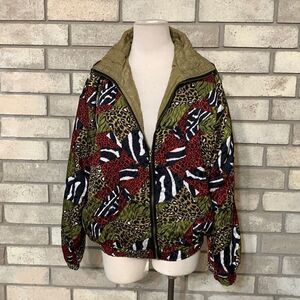 Vintage 90s Sunterra Nylon Mock Neck Zip Up Jacket Size M Geometric Animal Print